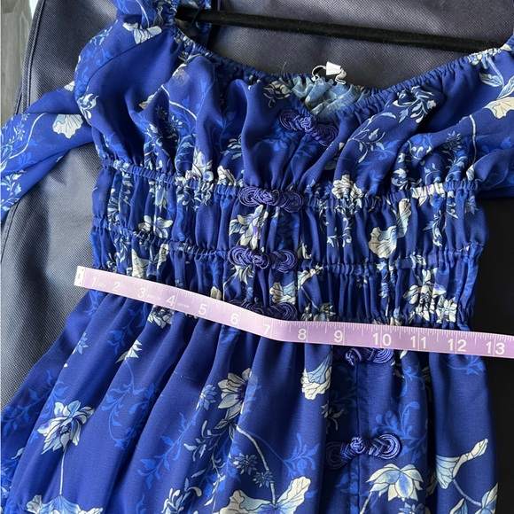 Sau Lee Gianna Dress Blue White Floral Sheer Ruched Waist Maxi Midi Size 6 - Picture 6 of 10